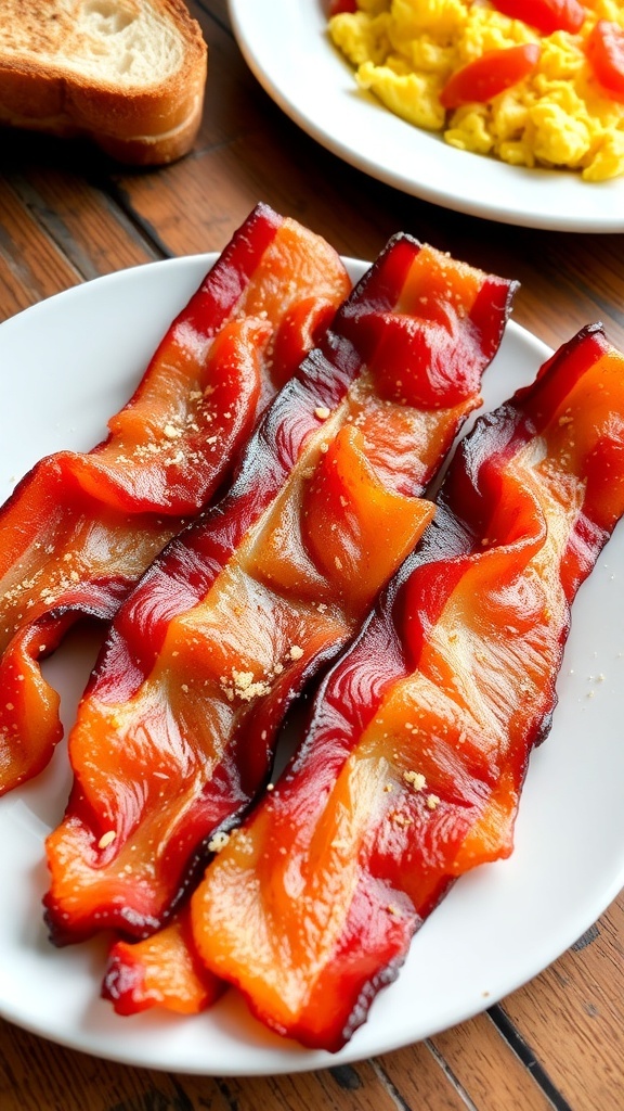 Crispy seasoned uncured bacon strips on a plate with eggs and toast.